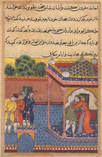 Khurshid reunited with her husband Utarid, from a Tuti-nama (Tales of a Parrot): Thirty-second Night