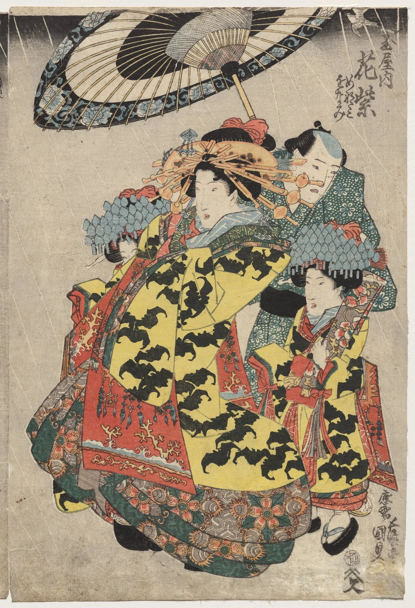 The Courtesans Hanamurasaki and Koshikibu of the Tamaya Promenading in the Rain, by Utagawa Kunisada, 1834