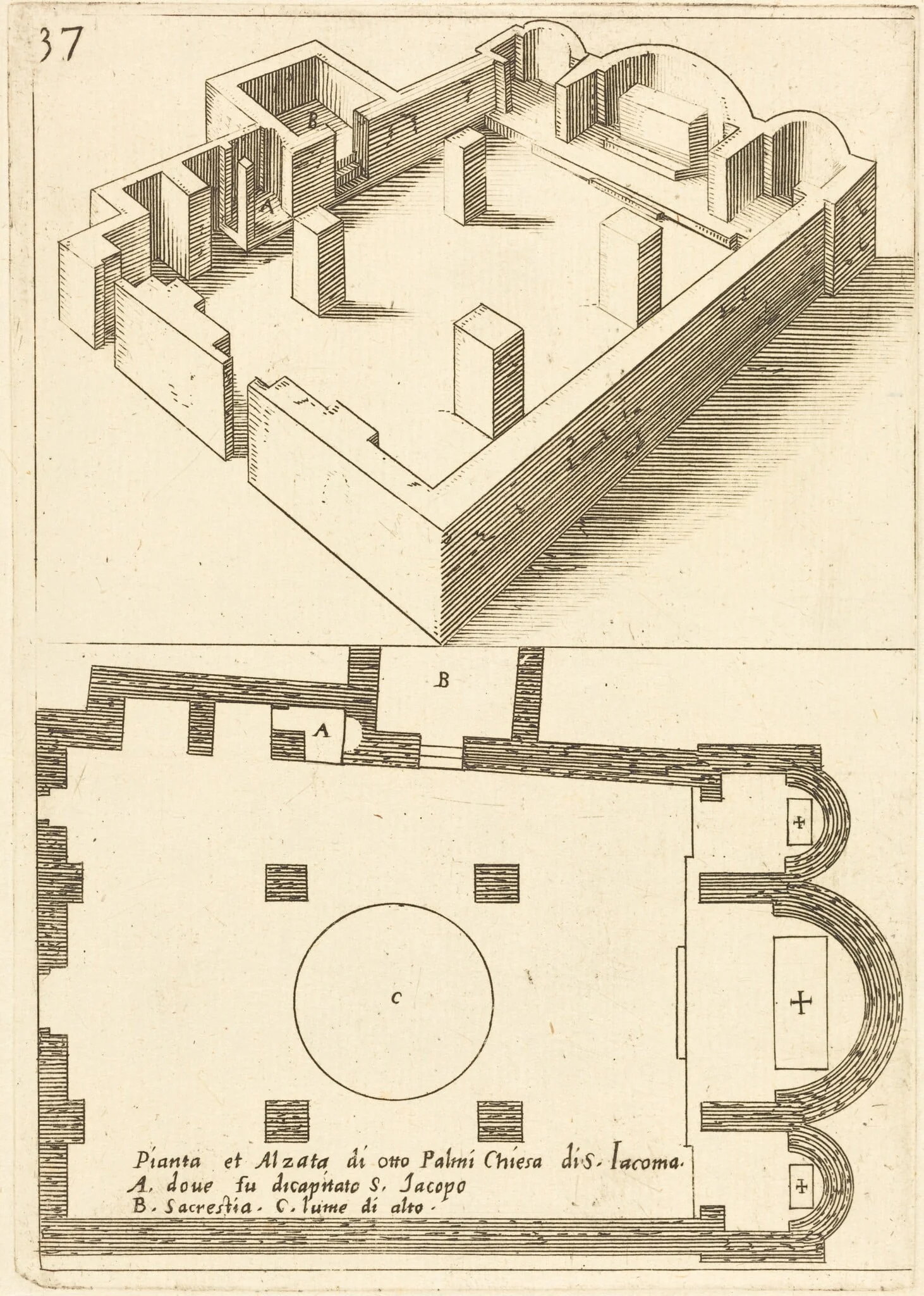 Plan and Elevation of the Church of S. Iacoma, by Jacques Callot, ink, 1619