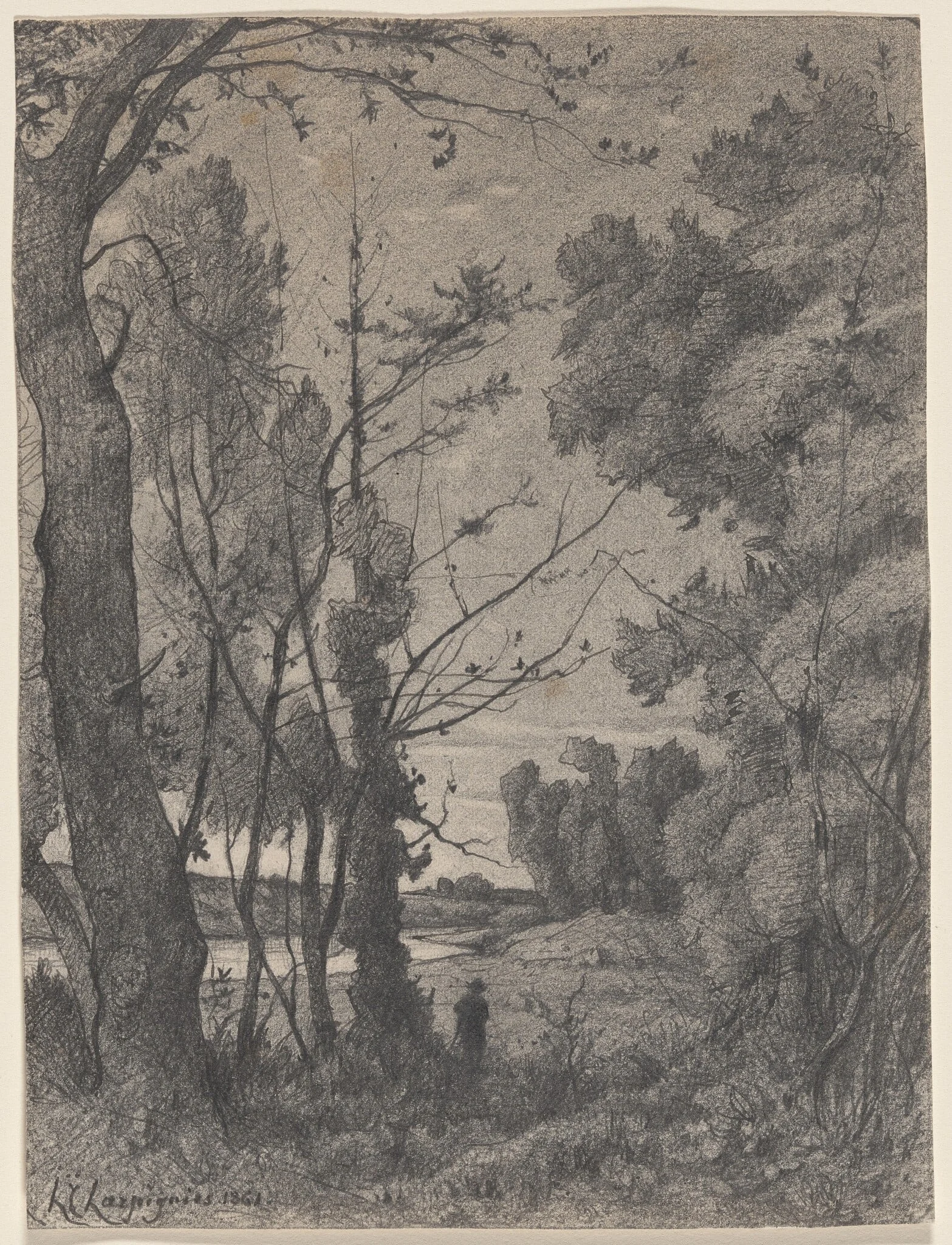 Wooded Landscape beside a River, by Henri-Joseph Harpignies, graphite, 1861