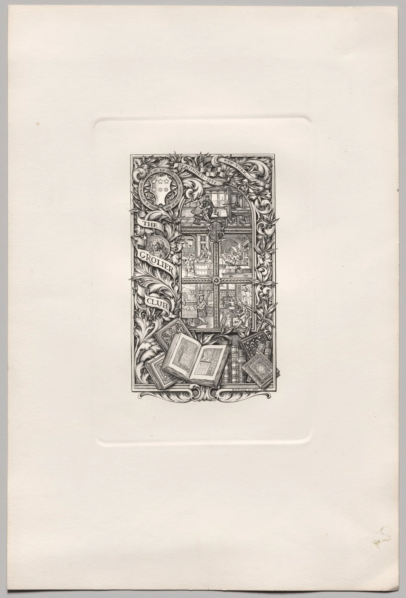 Bookplate for the Grolier Club, by Edwin Davis French, 1894