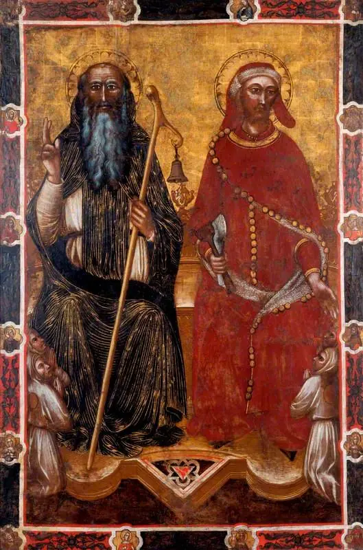 Saint Anthony Abbot and Saint Eligius with Two Pairs of Kneeling Worshippers (one side of a processional banner) (formerly attributed to Barnaba da Modena)
