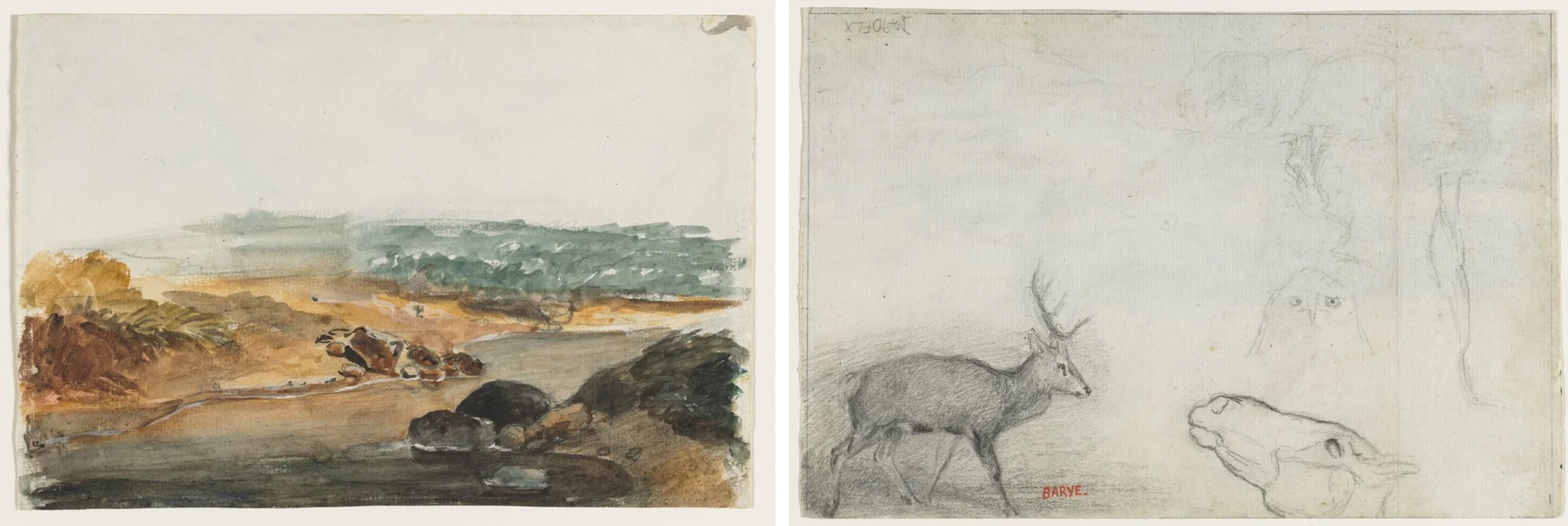 Landscape (recto); Studies of Animals (verso), by Antoine-Louis Barye, 1849