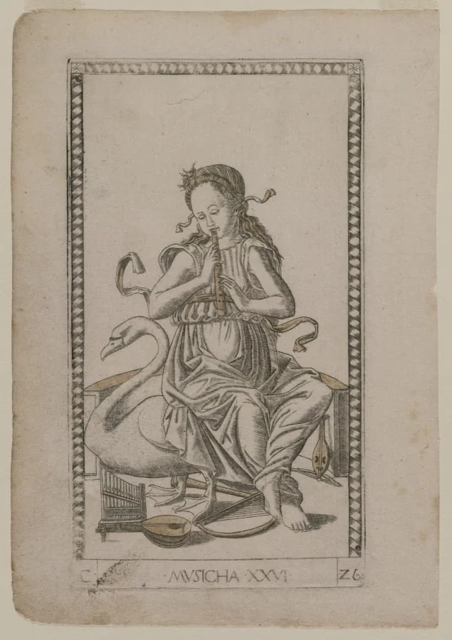 Music (from the Tarocchi, series C:  Liberal Arts, #26), by Master of the E-Series Tarocchi, 1467
