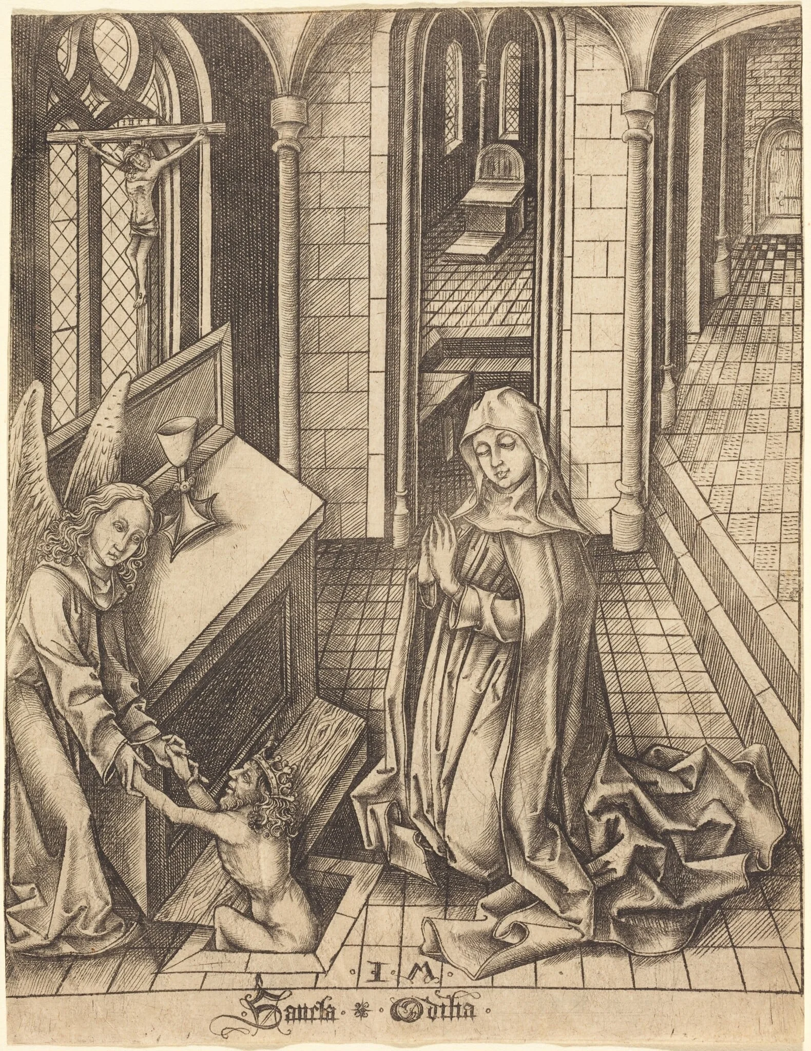Saint Ottilia, by Israhel van Meckenem, ink, 1478