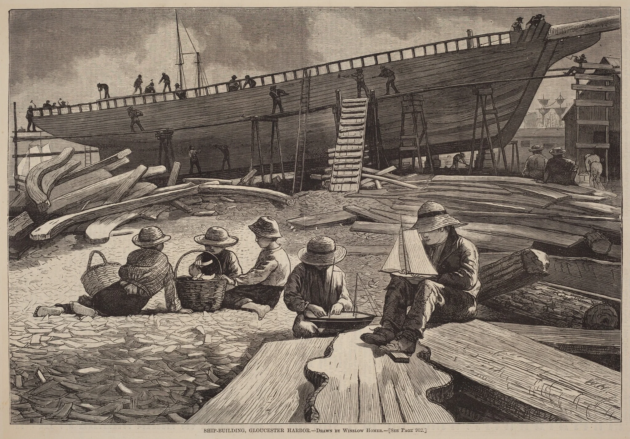 Ship-Building, Gloucester Harbor, by American 19th Century, ink, 1873