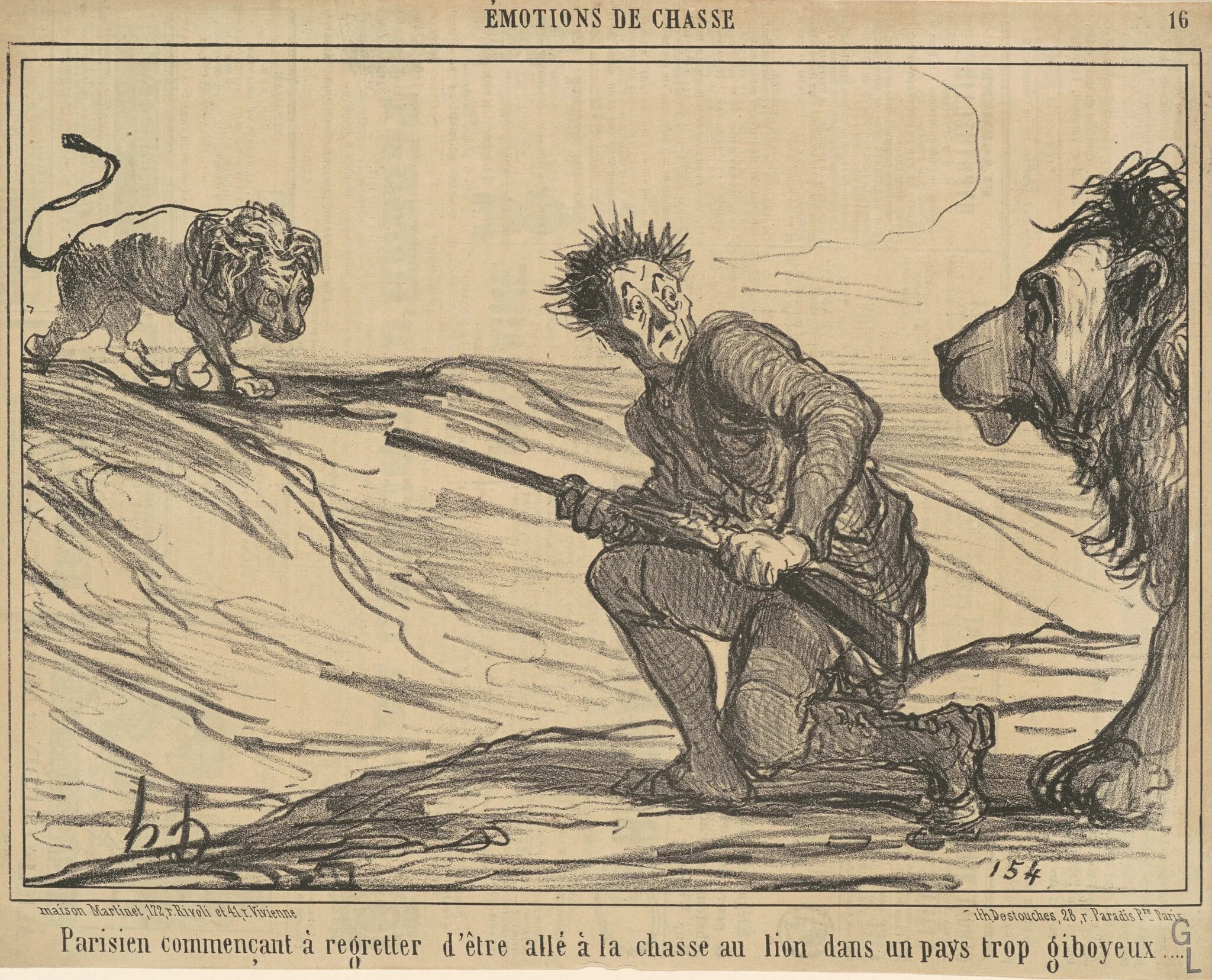 Parisien commencant a regretter ... la chasse au lion ..., by Honoré Daumier, ink, 1858