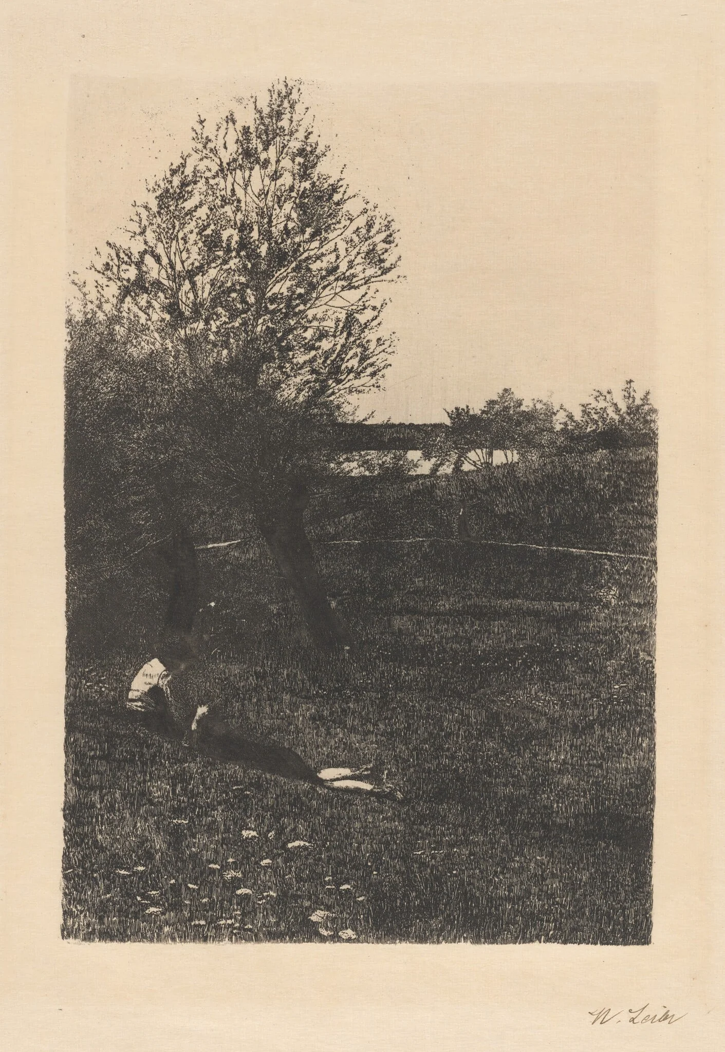 Landscape with Resting Children ("La Dolce far niente"), by Wilhelm Leibl, ink, 1876