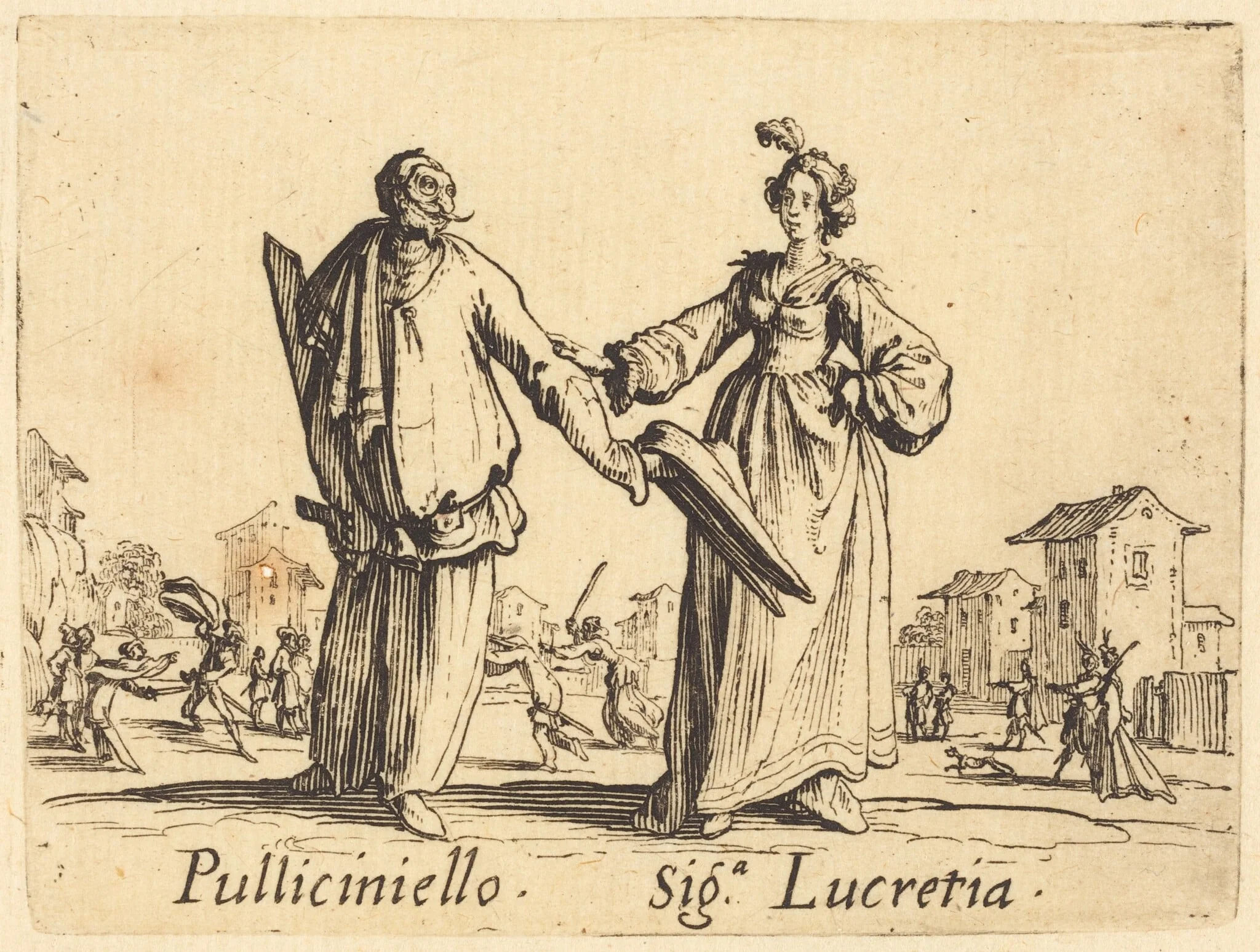 Pulliciniello and Siga. Lucretia, by Jacques Callot, ink, 1622