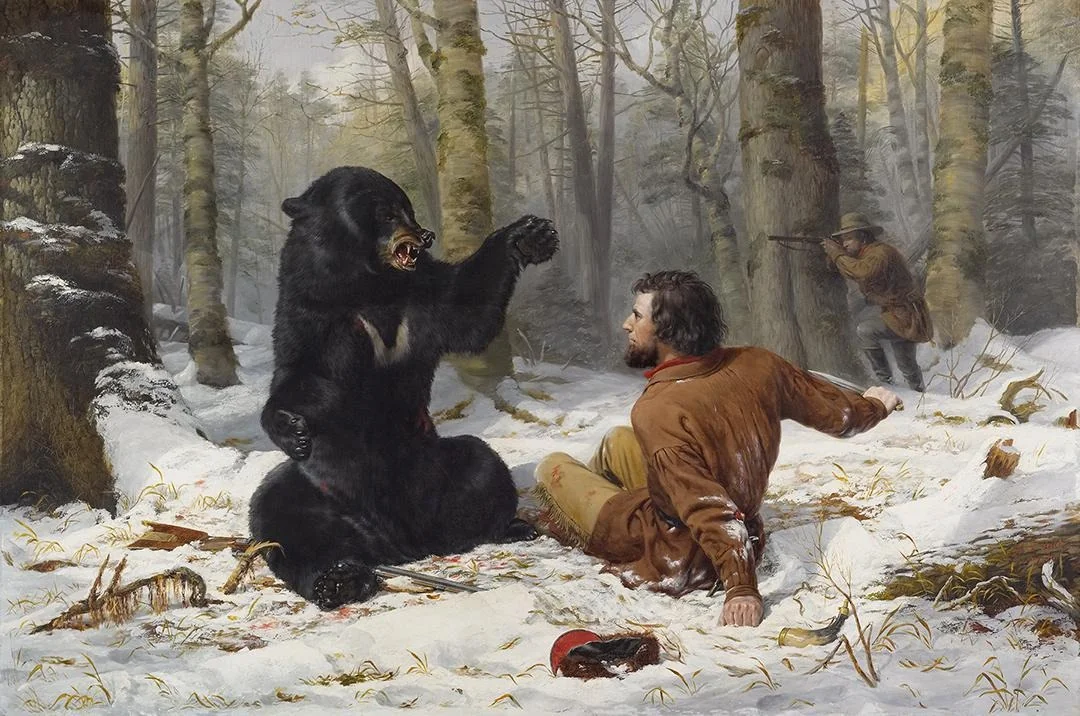 A Tight Fix—Bear Hunting, Early Winter, by Arthur Fitzwilliam Tait, oil, 1856