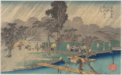 京都名所之内　糺川原之夕立|Tea-houses on the Bank of the Tadasu River in a Shower