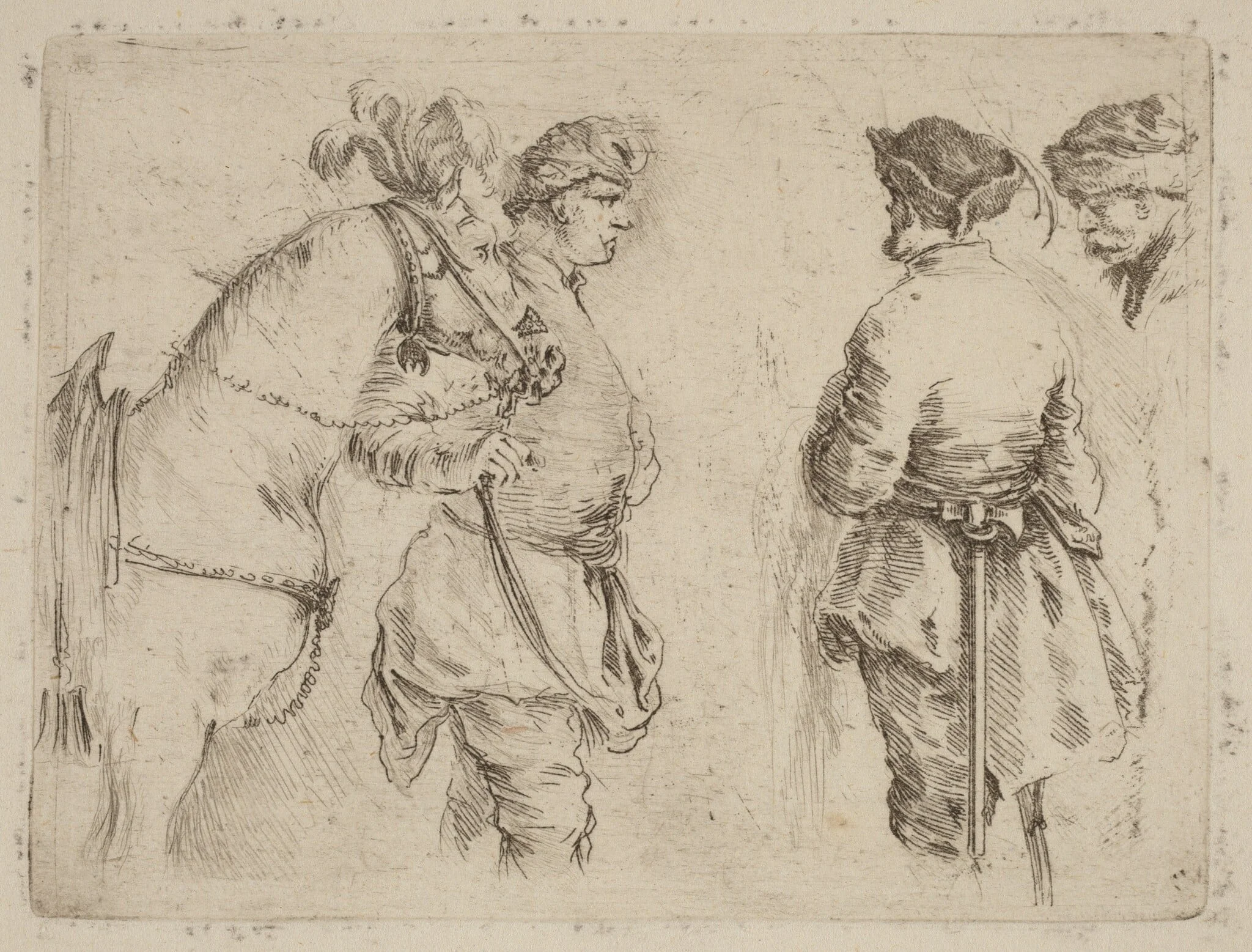Pole Holding the Bridle of a Horse while Speaking with Two Other Men