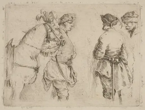 Pole Holding the Bridle of a Horse while Speaking with Two Other Men