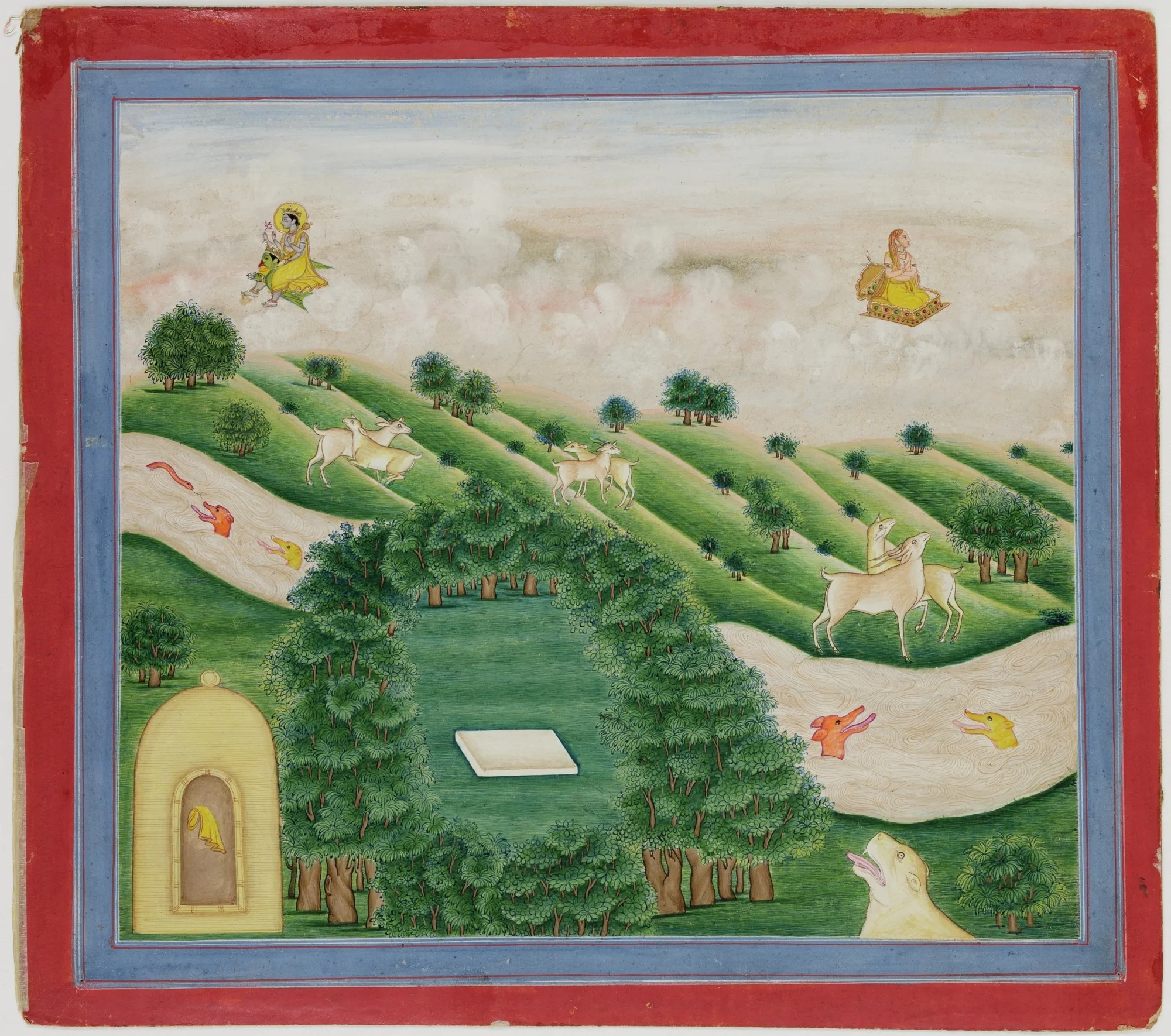 Illustrations to Life of Dhurva Maharaj: #21 Dhurva is shown flying on his throne, and on another, the greatest power in the world, Vishnu, by Unknown, unspecified, 1800