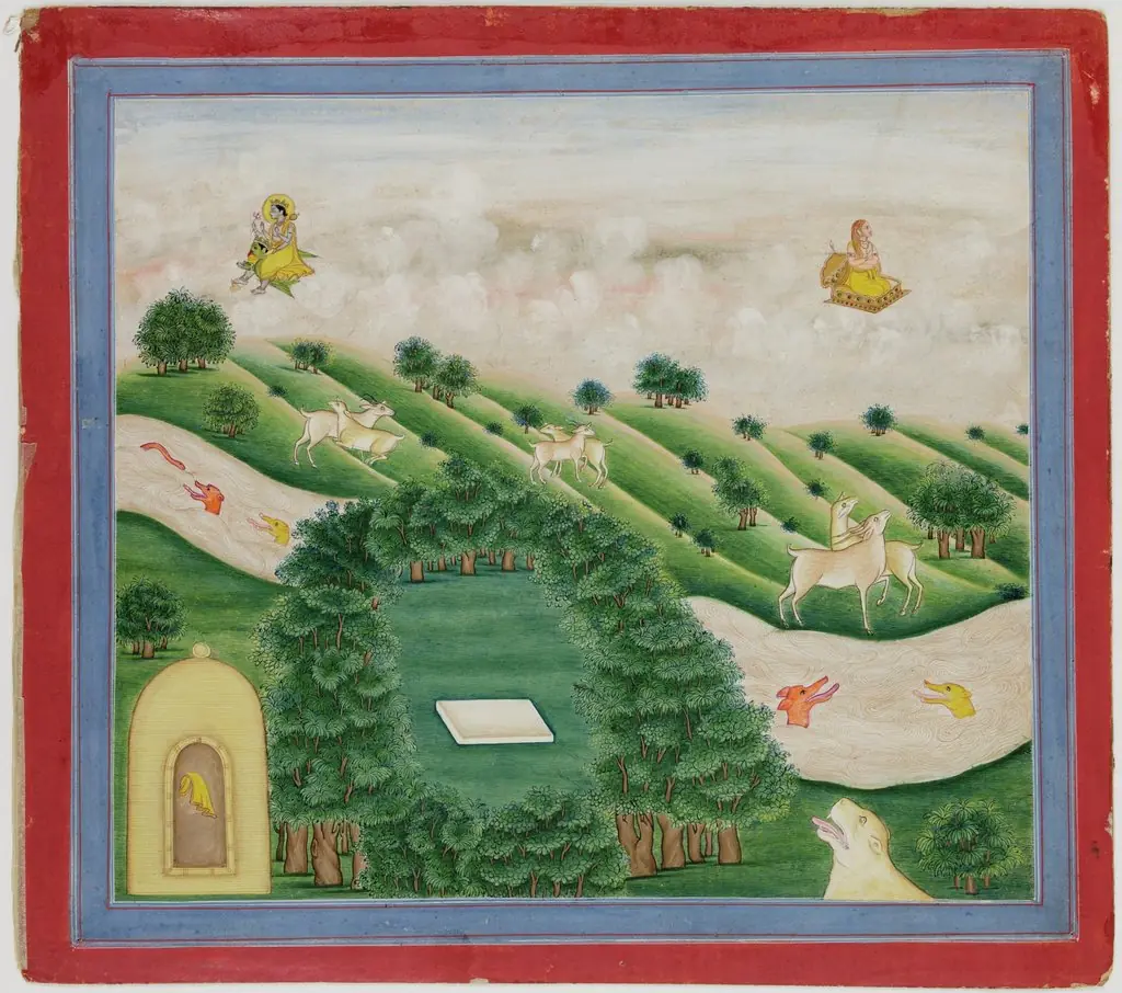 Illustrations to Life of Dhurva Maharaj: #21 Dhurva is shown flying on his throne, and on another, the greatest power in the world, Vishnu