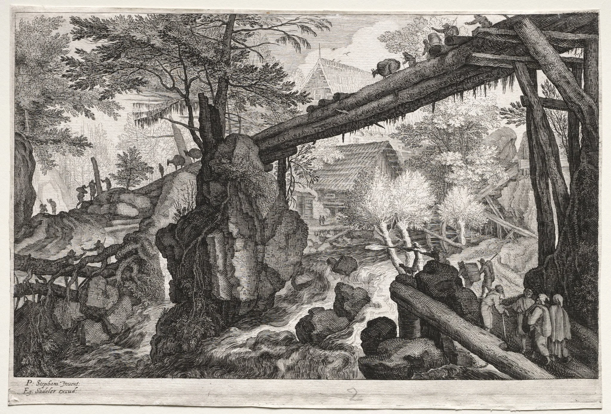 Eight Bohemian Landscapes:  Landscape with Log Bridge over Cataract, by Aegidius Sadeler II, 1612