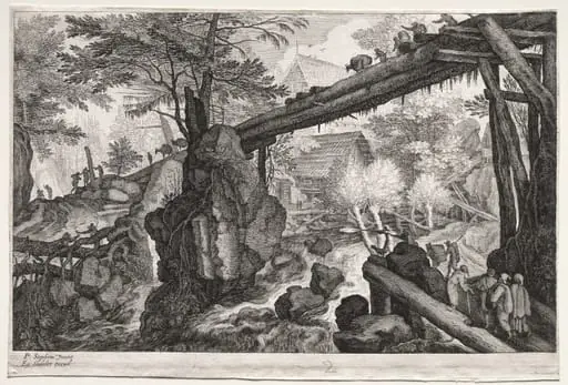 Eight Bohemian Landscapes:  Landscape with Log Bridge over Cataract