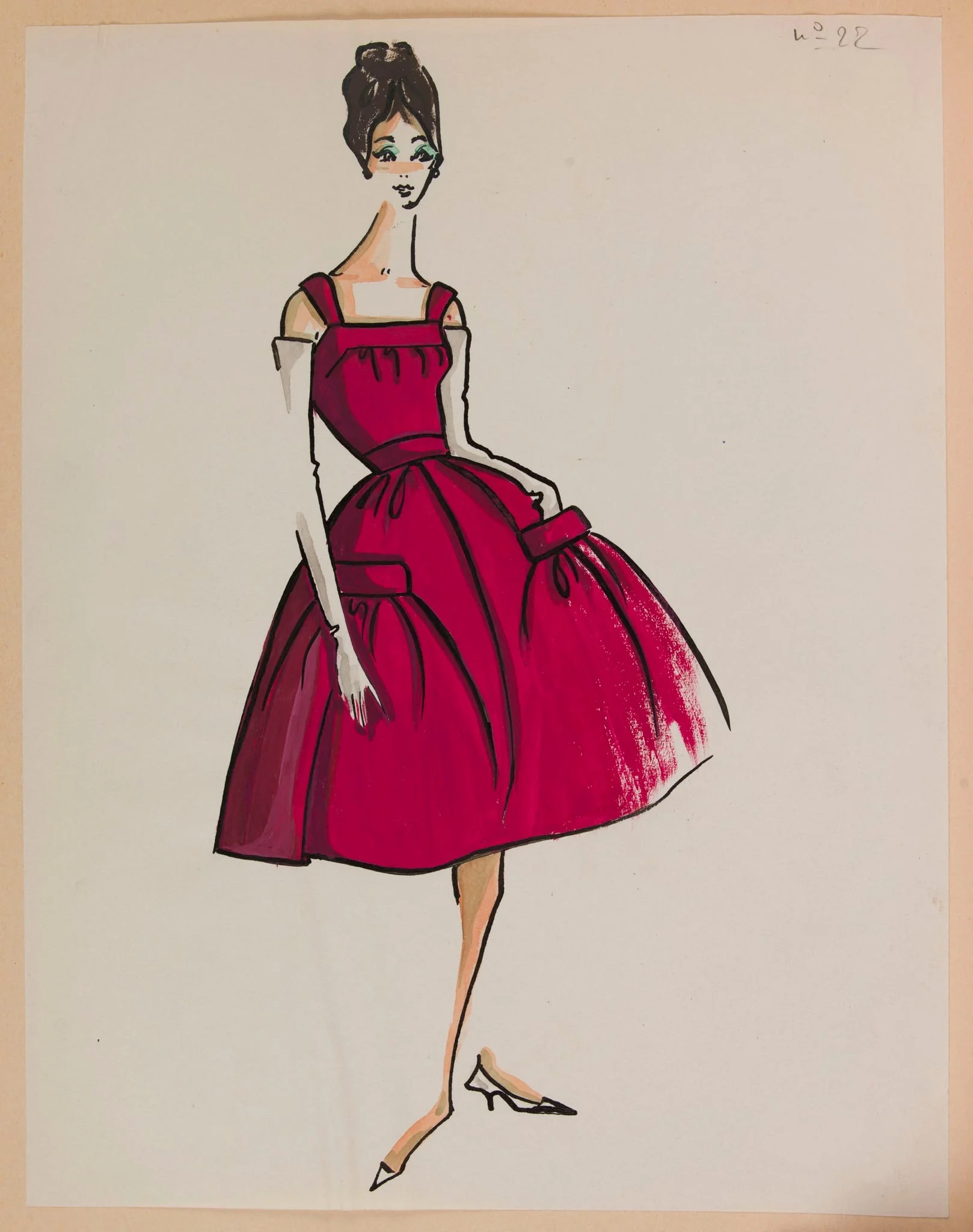 Robe à bretelles fuchsia avec deux grandes poches sur la jupe, by Carven, 1959