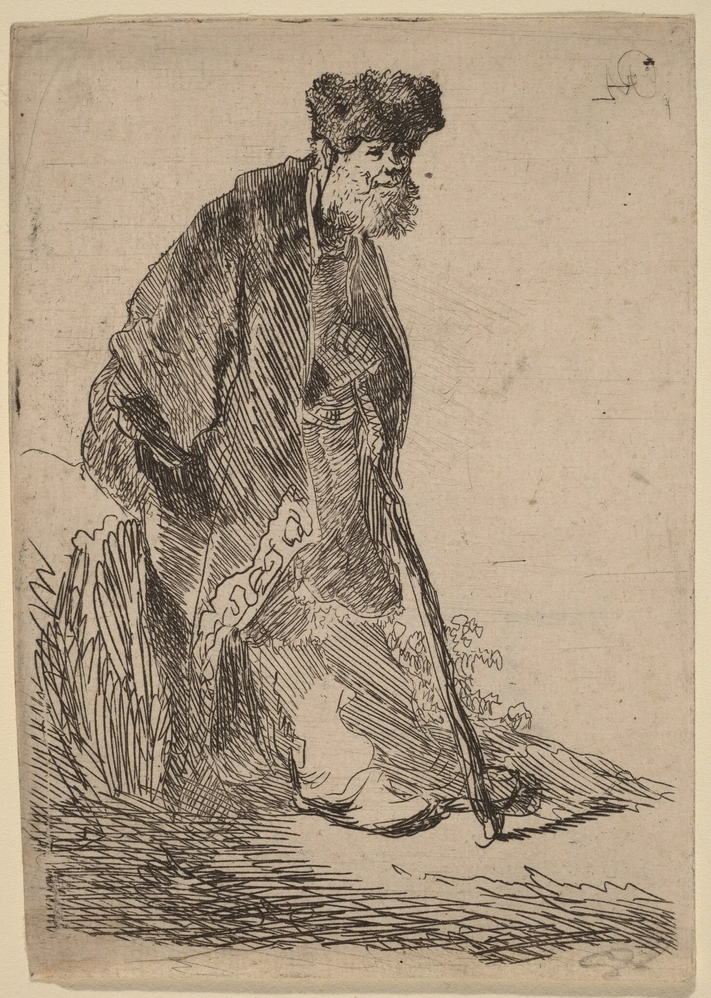 Man in a Coat and Fur Cap Leaning against a Bank, by Rembrandt, ink, 1630
