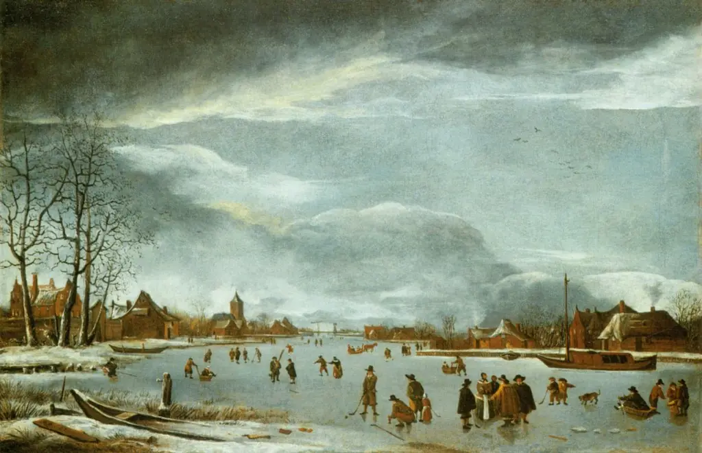 Frozen river with skaters and strollers