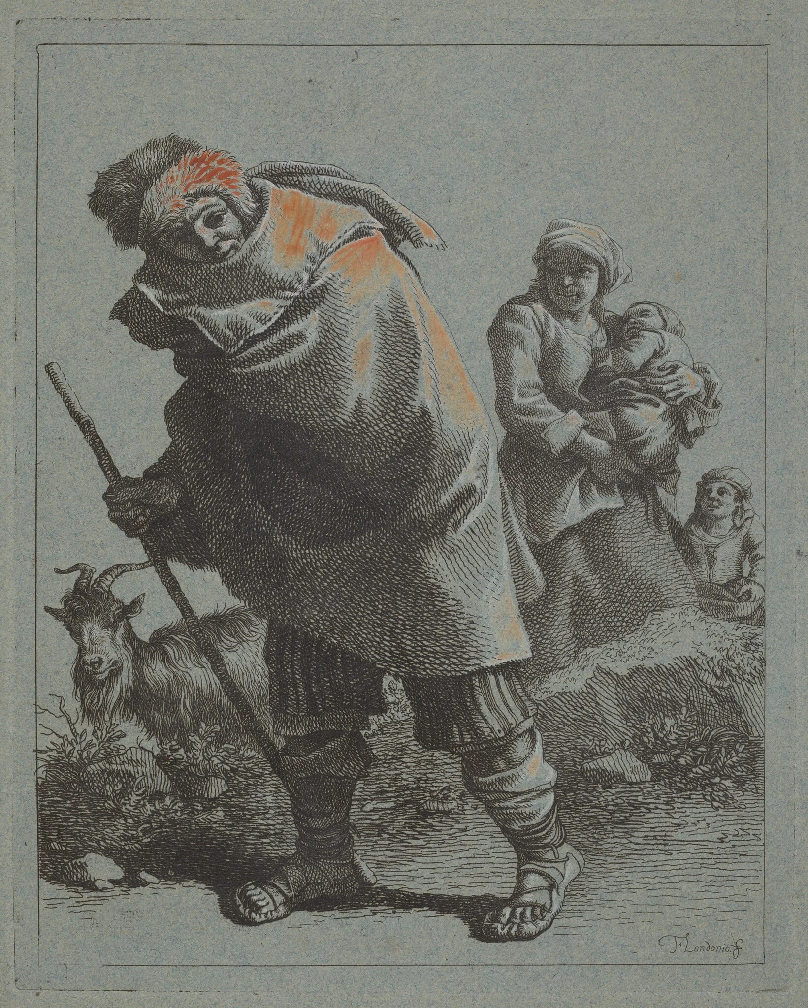 Shepherd with Walking Stick and a Peasant Woman with Child, by Francesco Londonio, gouache, 1758