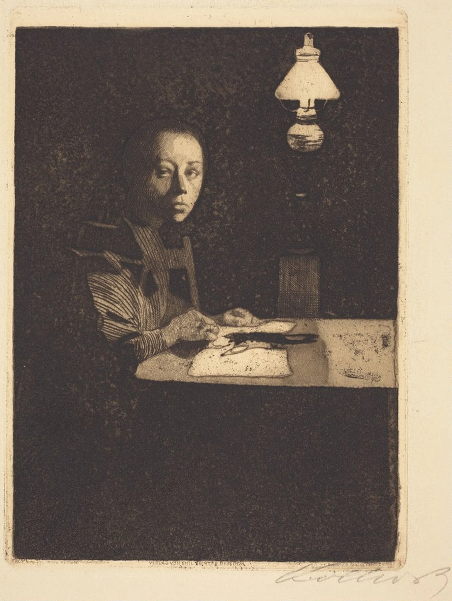 Self-Portrait at the Table (Selbstbildnis am Tisch), by Käthe Kollwitz, ink, 1893