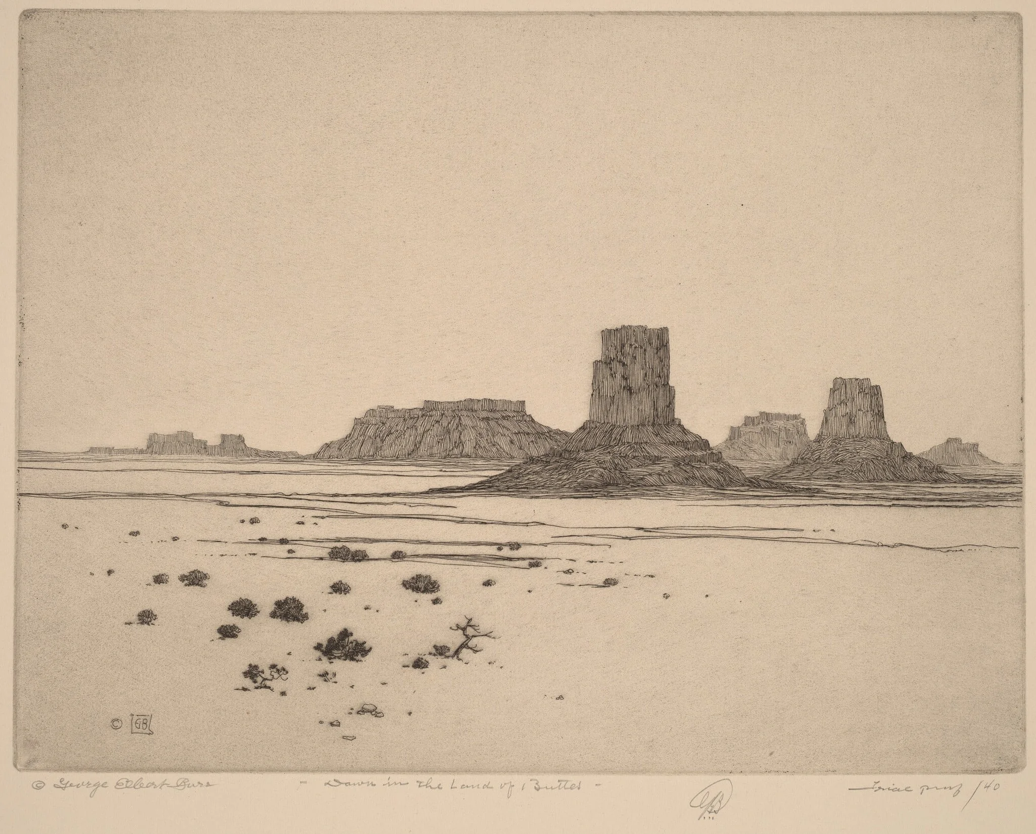Dawn in the Land of the Buttes, by George Elbert Burr, ink, 1920