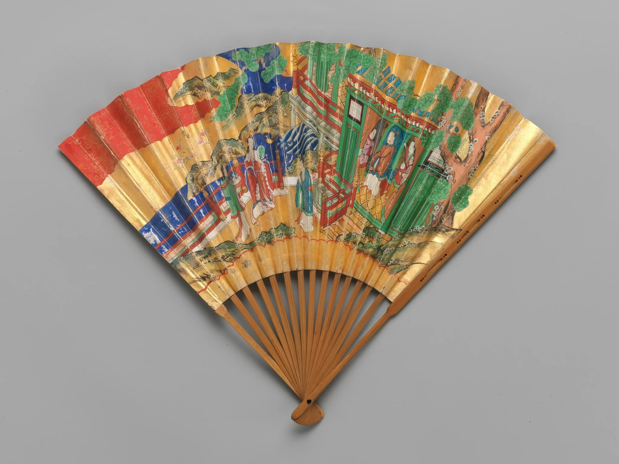 Chūkei Fan with Queen Mother of the West and King Mu of Zhou (obverse) and Plum Tree and Young Pines (reverse), by Unknown, unspecified, 1849