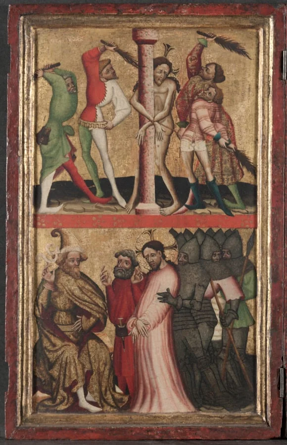 Diptych with the Passion of Christ (left wing):Flagellation and Christ Before Pilate, by Unknown, unspecified, 1400