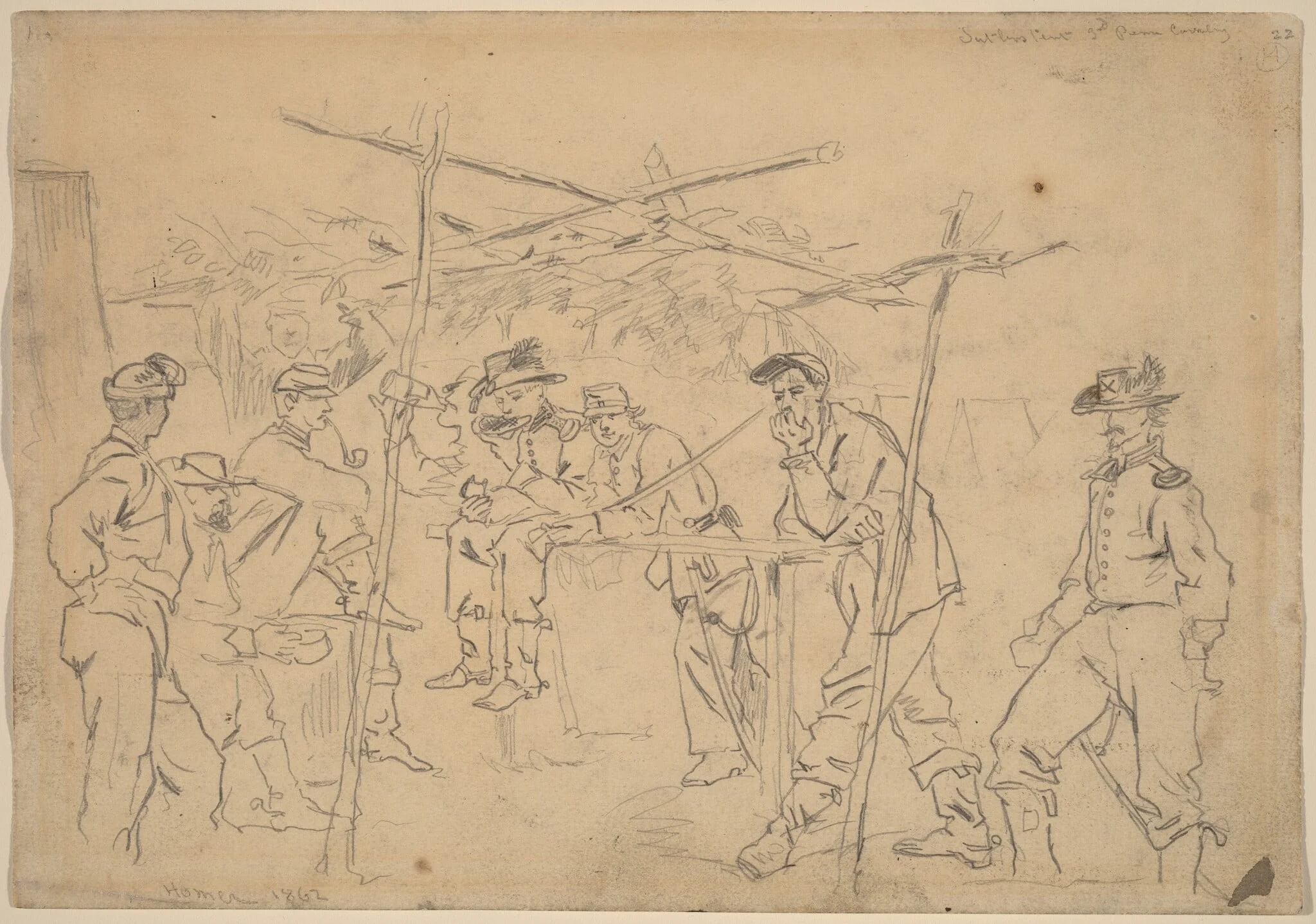 Sutler's Tent, 3rd Pennsylvania Cavalry [recto], by Winslow Homer, graphite, 1862