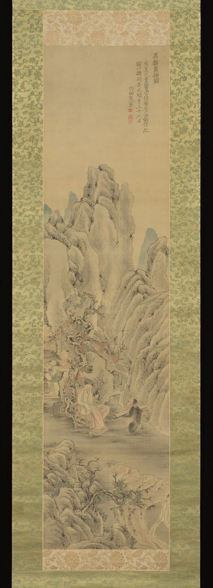 Monkey Offering a Qin to Scholar 異類酬徳図 (Irui hōtoku zu), by Tanomura Chikuden, unspecified, 1833