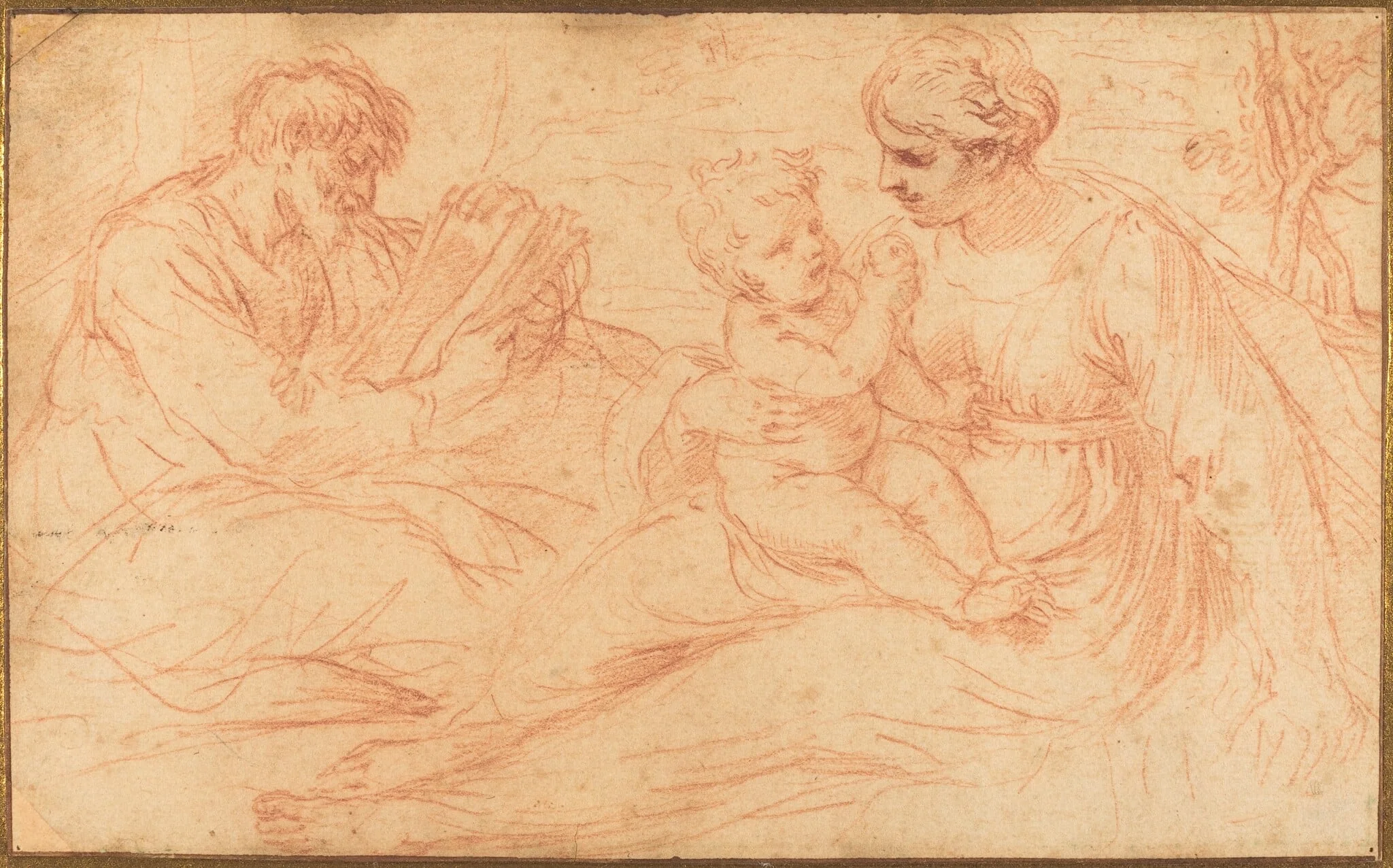 The Holy Family, by Simone Cantarini, chalk, 1630