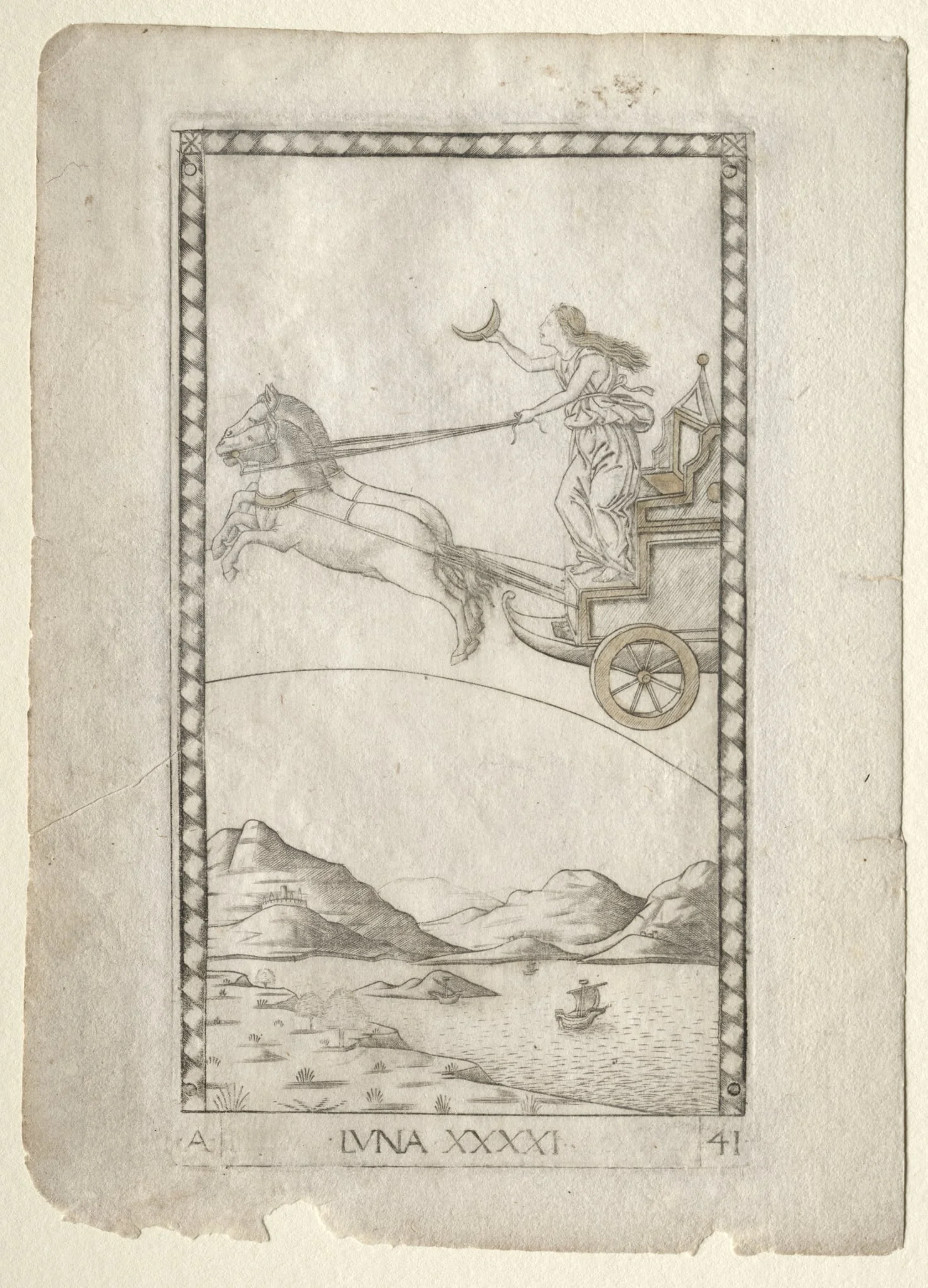Luna (from the Tarocchi, series A:  Firmaments of the Universe, #41), by Master of the E-Series Tarocchi, 1467