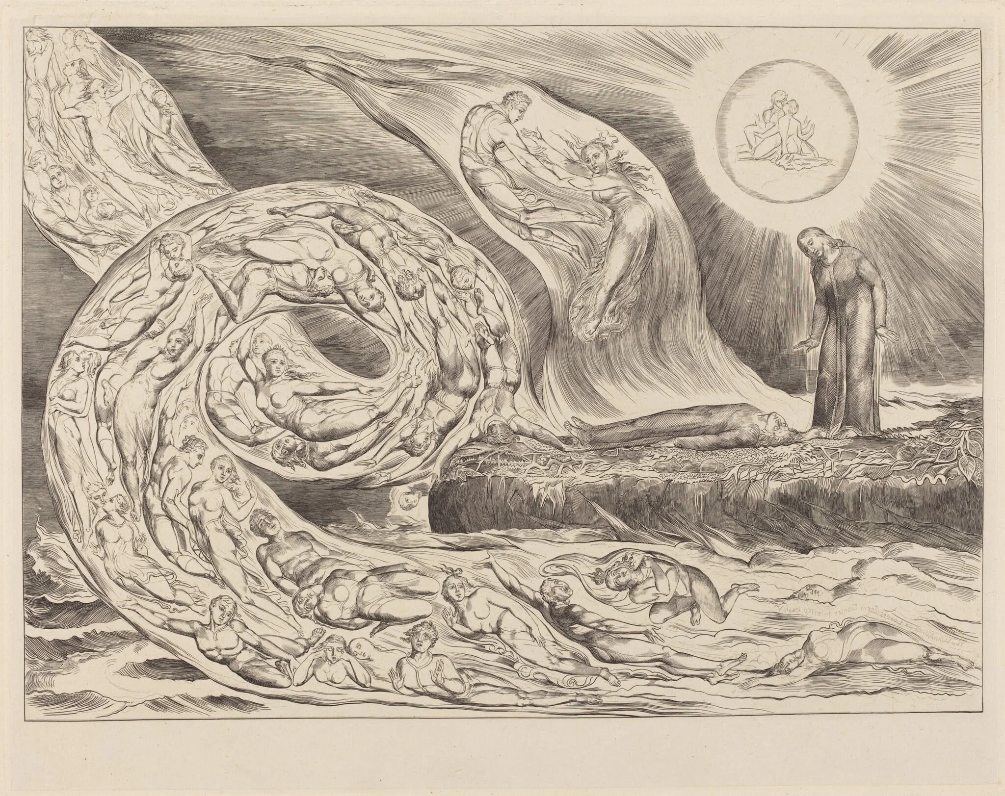 The Circle of the Lustful: Paolo and Francesca, by William Blake, ink, 1827