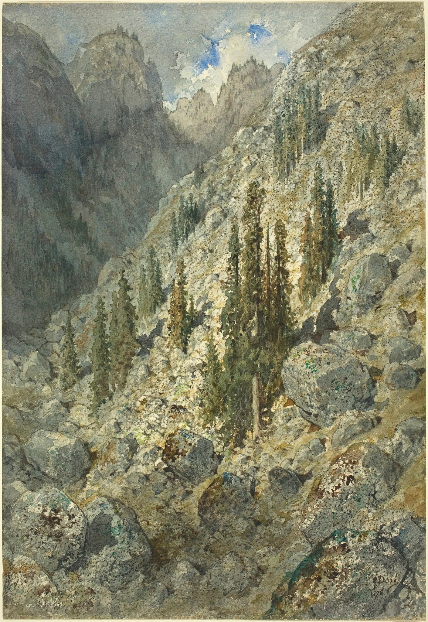 An Alpine Valley with Trees and Boulders, by Gustave Doré, chalk, 1876