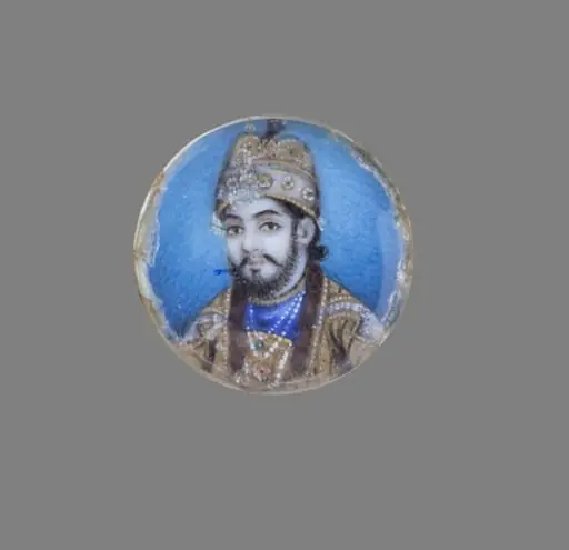 One of twelve tiny paintings deicting Mughal emperors, Afghan and Sikh nobles, and Mughal ladies.