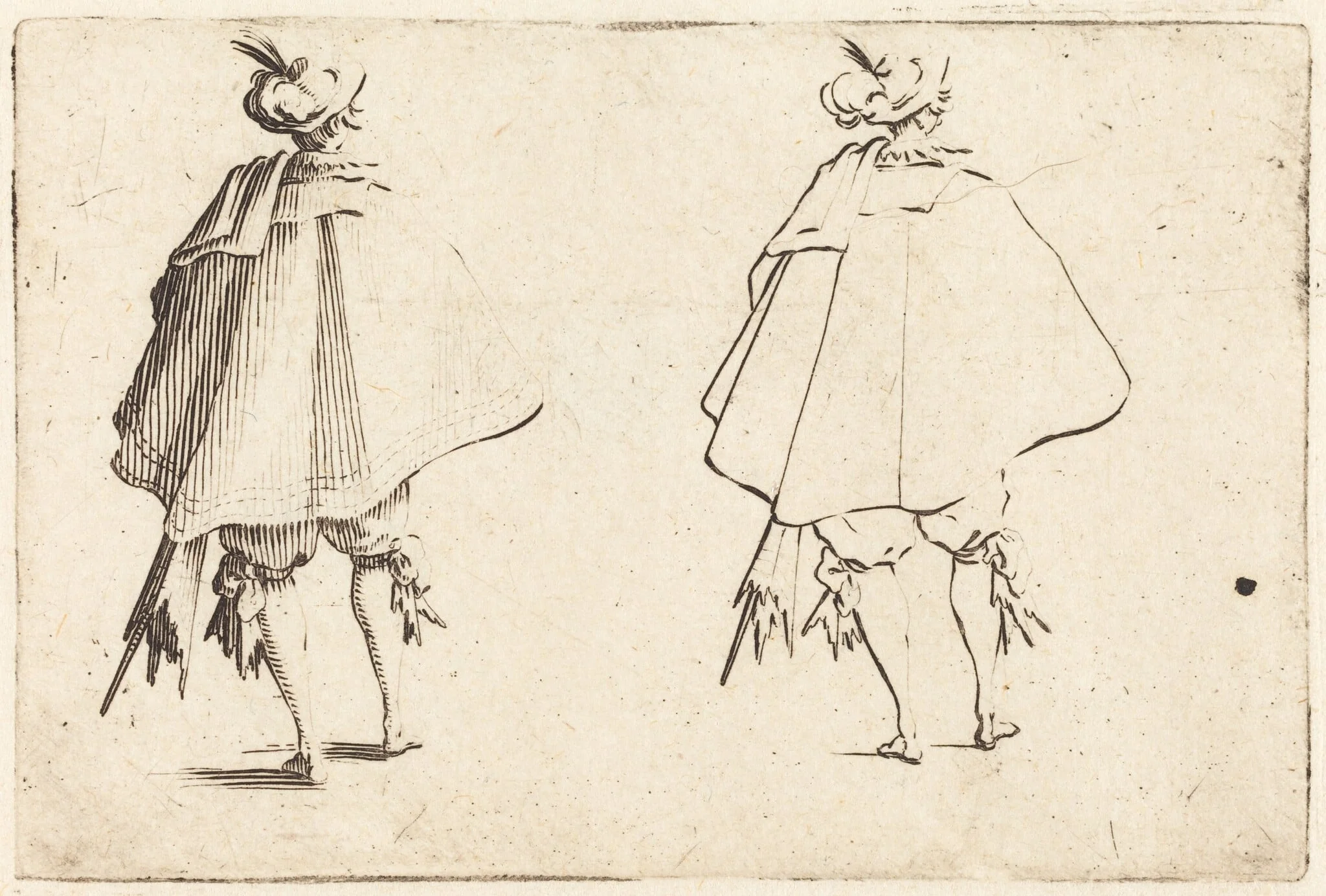 Gentleman in Large Mantle, Seen from Behind, by Jacques Callot, ink, 1622