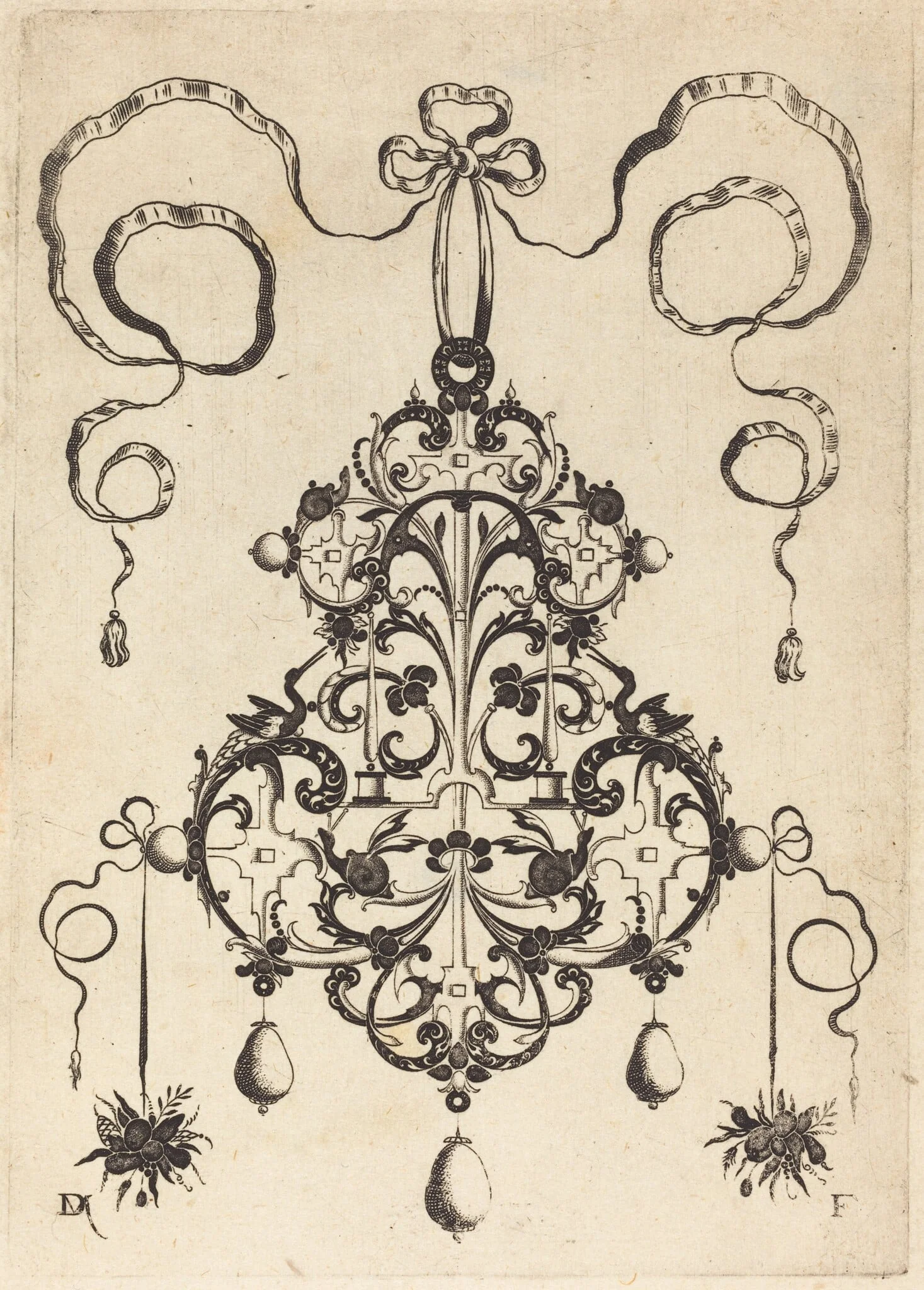 Large Pendant, Lower Left and Right Two Bunches of Grass and Fruit