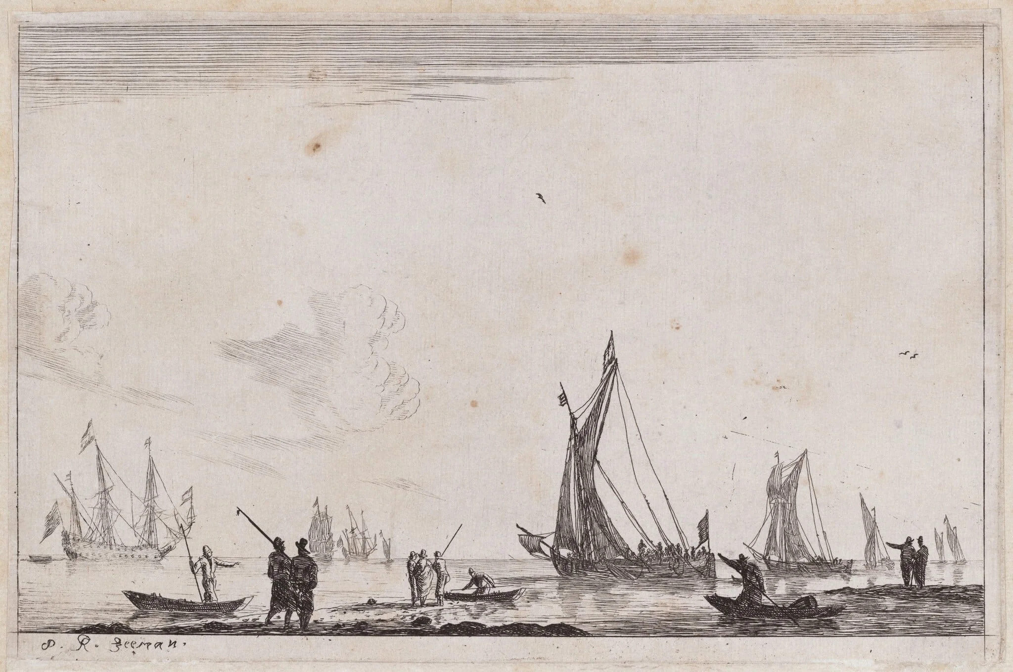Inland Waterway with Two Galliots at the Right, by Nooms, called Zeeman, Reinier, ink, 1656