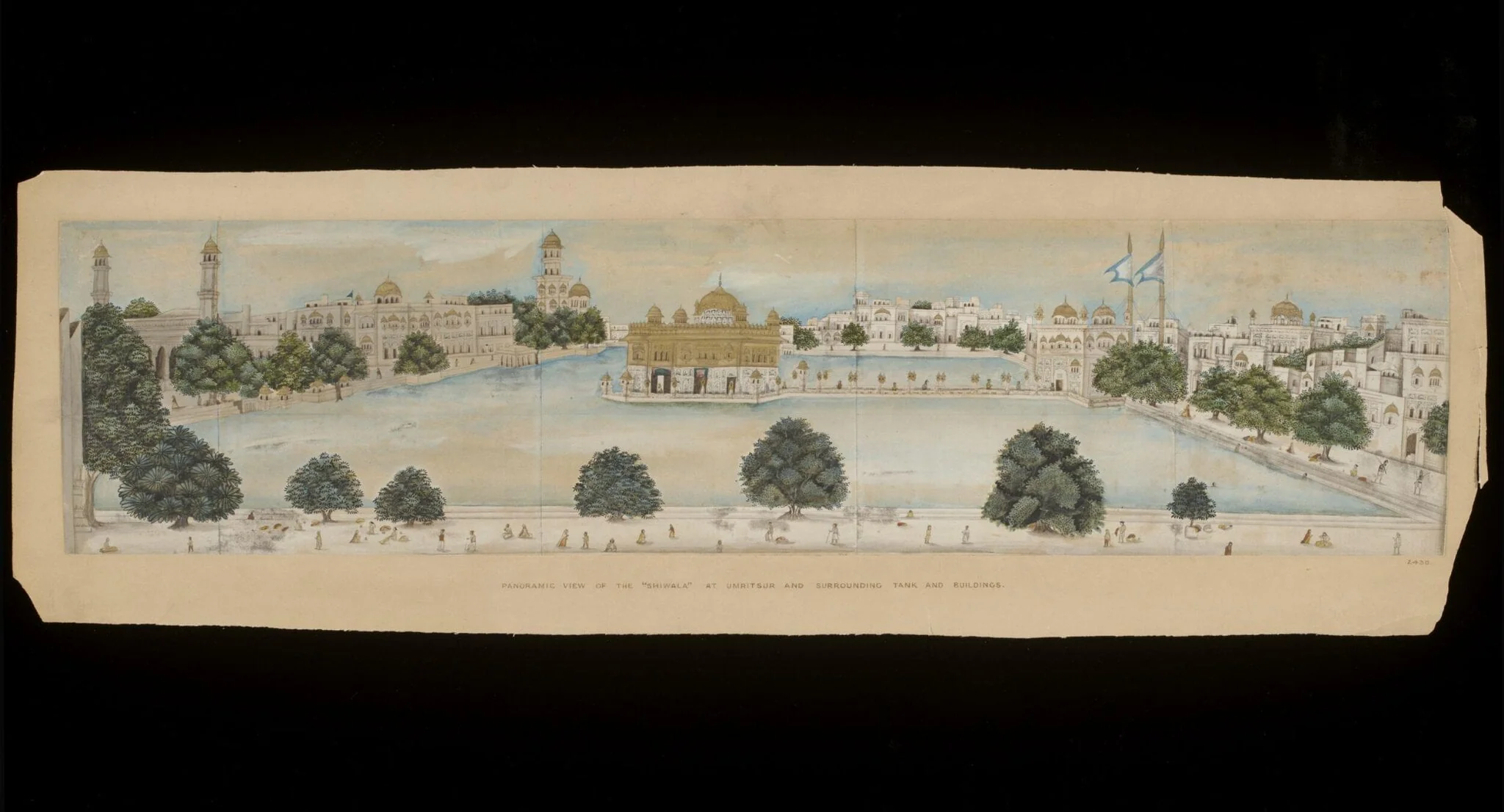 Panoramic view of the Golden Temple, Amritsar, with the surrounding water tank and buildings., by Unknown, paint, 1860