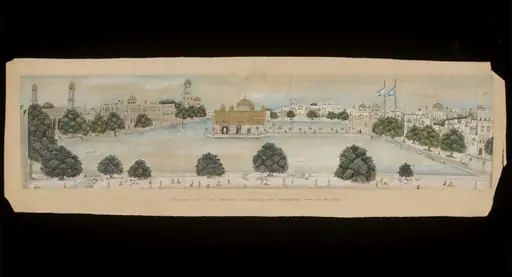 Panoramic view of the Golden Temple, Amritsar, with the surrounding water tank and buildings.