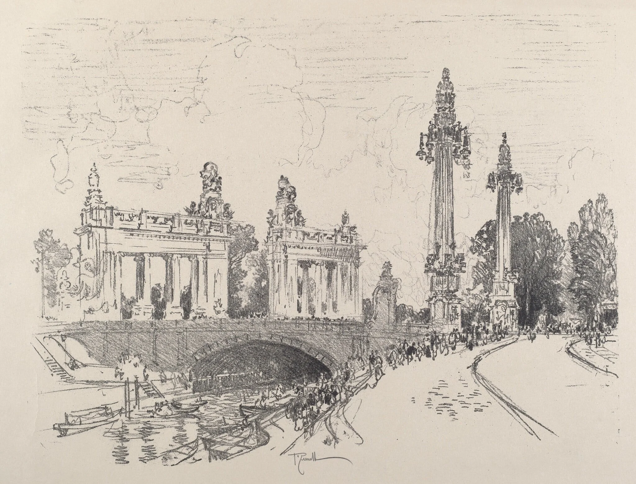 Bridge at Charlottenburg, by Joseph Pennell, ink, 1921
