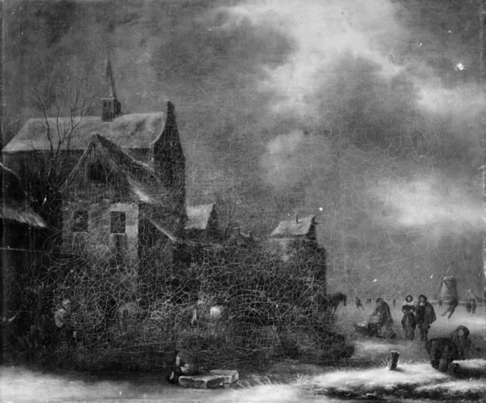 Winter Scenery. Dutch Town with a Watermill