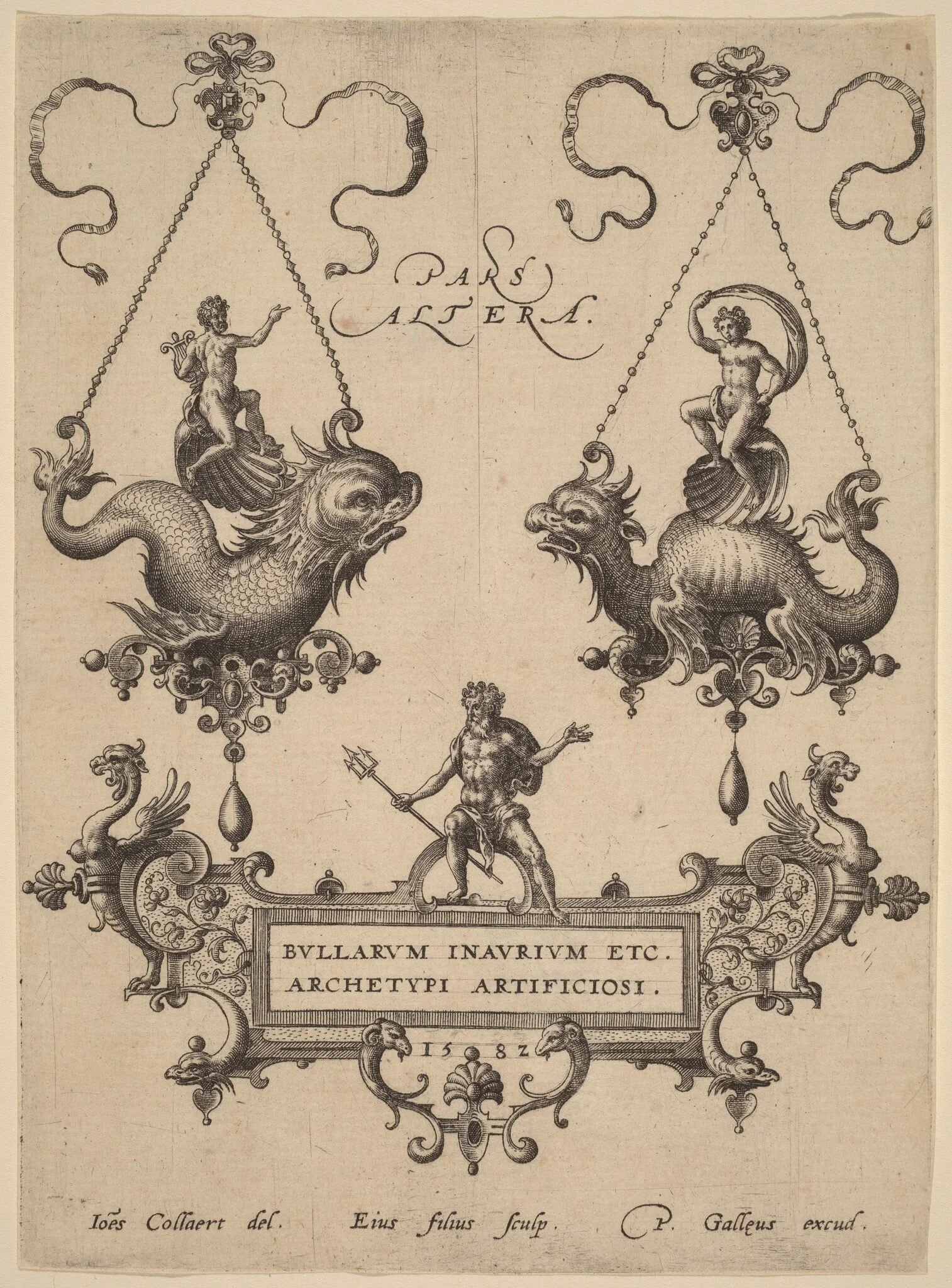 Title Plate with Designs for Pendants, by Adriaen Collaert, ink, 1582