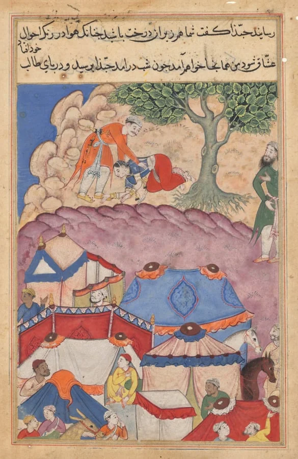 Habbaza meets Bashir under a tree, from a Tuti-nama (Tales of a Parrot): Twenty-fourth Night, by Unknown, unspecified, 1560