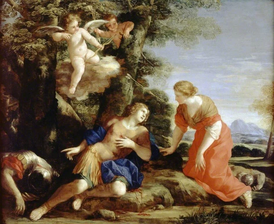 Angelica encountering the wounded Medoro, by Giovanni Francesco Romanelli, oil, 1646