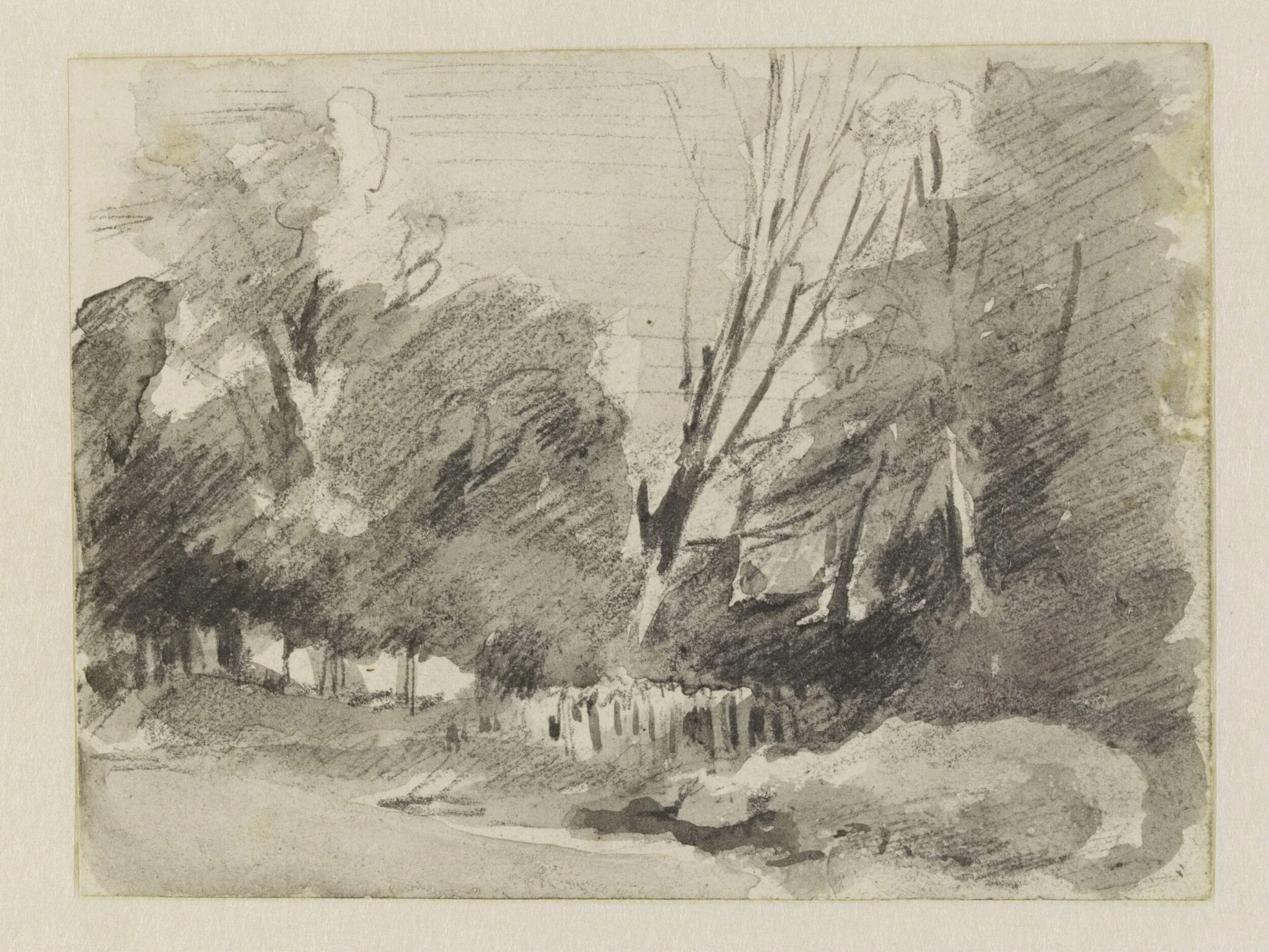 Two sketches on one sheet: a countryman walking, and a group of people beside two donkeys.