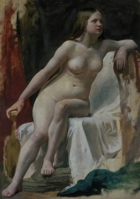 A Life Study of a Female Nude Model Seated on White Drapery