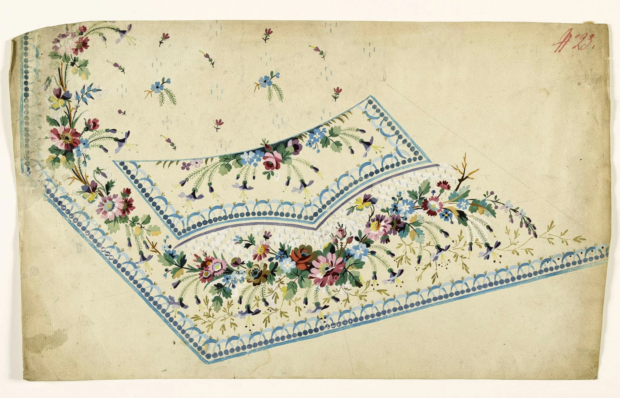 Composition de fleurs en guirlandes et en semis et frises de perles bleues, projets de broderies de gilet, XVIIIème siècle