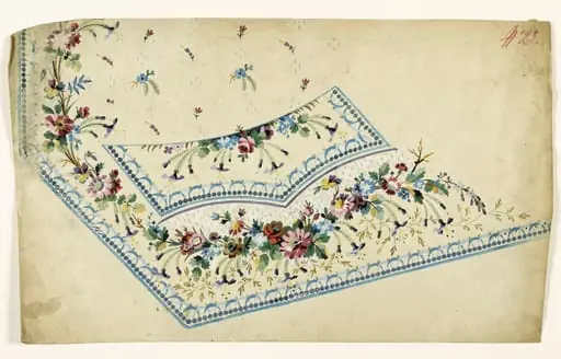 Composition de fleurs en guirlandes et en semis et frises de perles bleues, projets de broderies de gilet, XVIIIème siècle